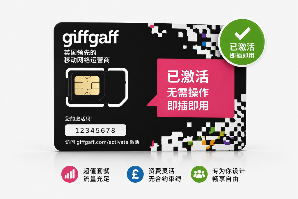 1张已激活的英国giffgaff卡（余额15英镑）